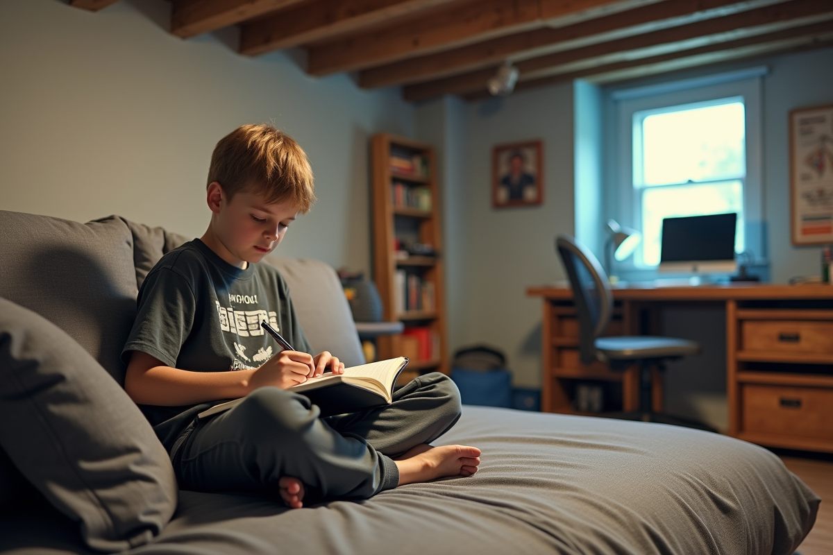 Adolescent dessinant sur un futon dans une chambre de sous-sol
