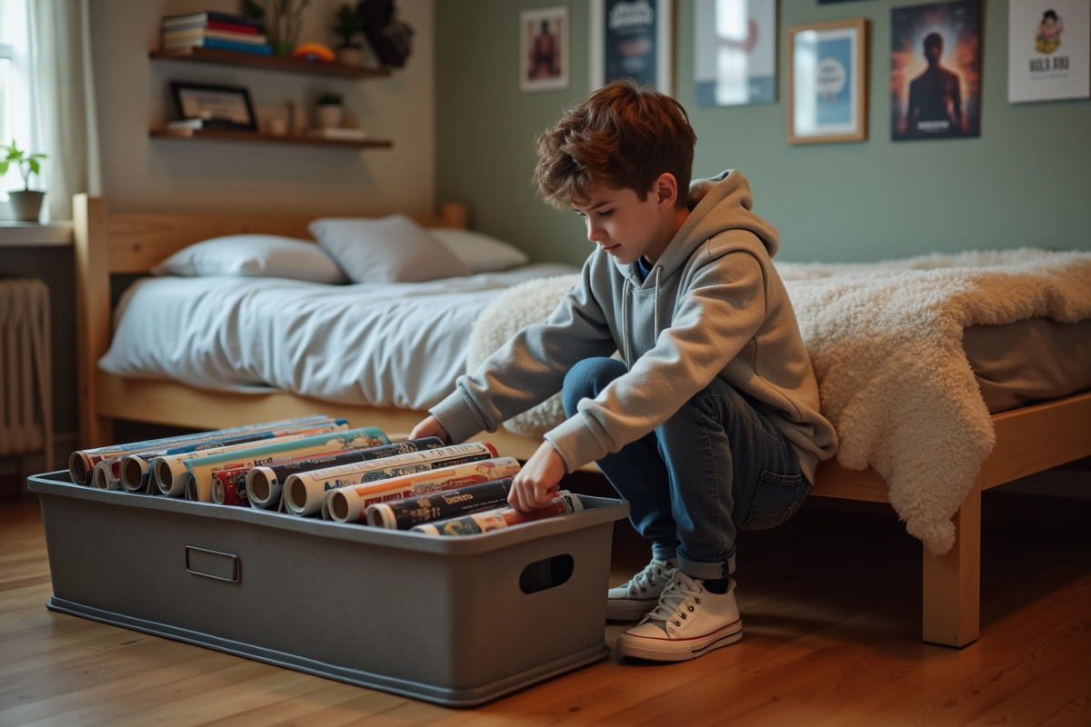 Adolescent rangeant des posters dans sa chambre ordonnee