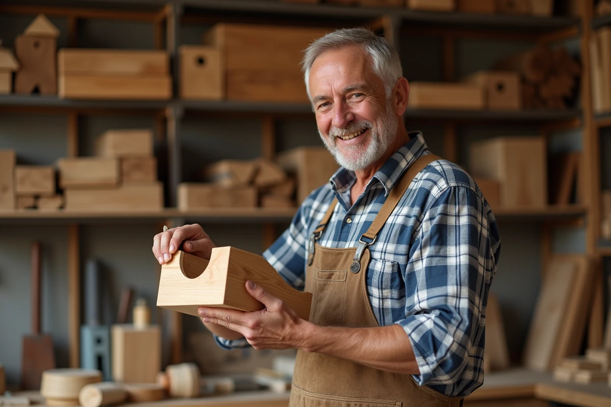 Homme moyenâgeux souriant examinant un meuble en bois