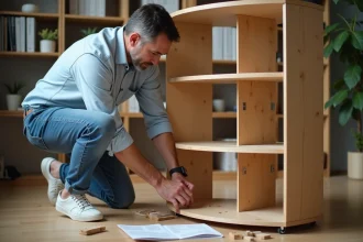 Homme assemble une étagère tournante dans un bureau moderne