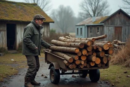 Homme d'âge moyen empilant du bois de chauffage usé dans une cour rurale