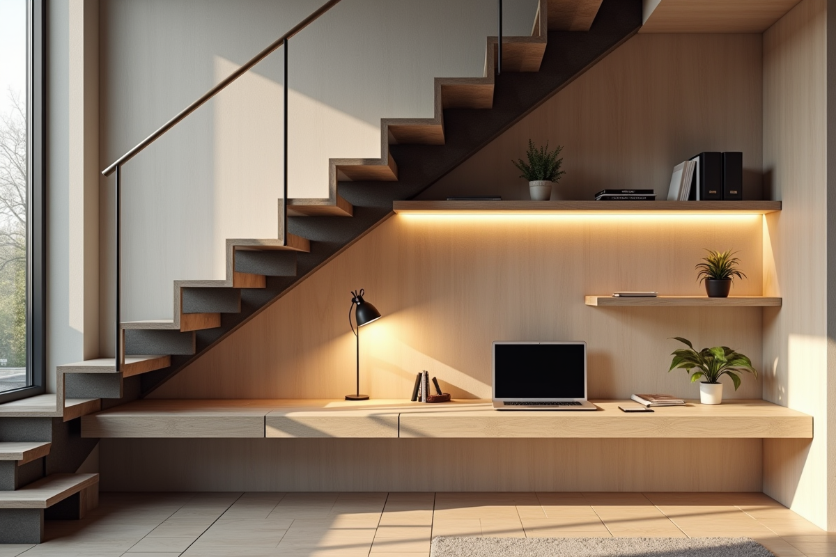 Espace bureau moderne sous une staircase flottante