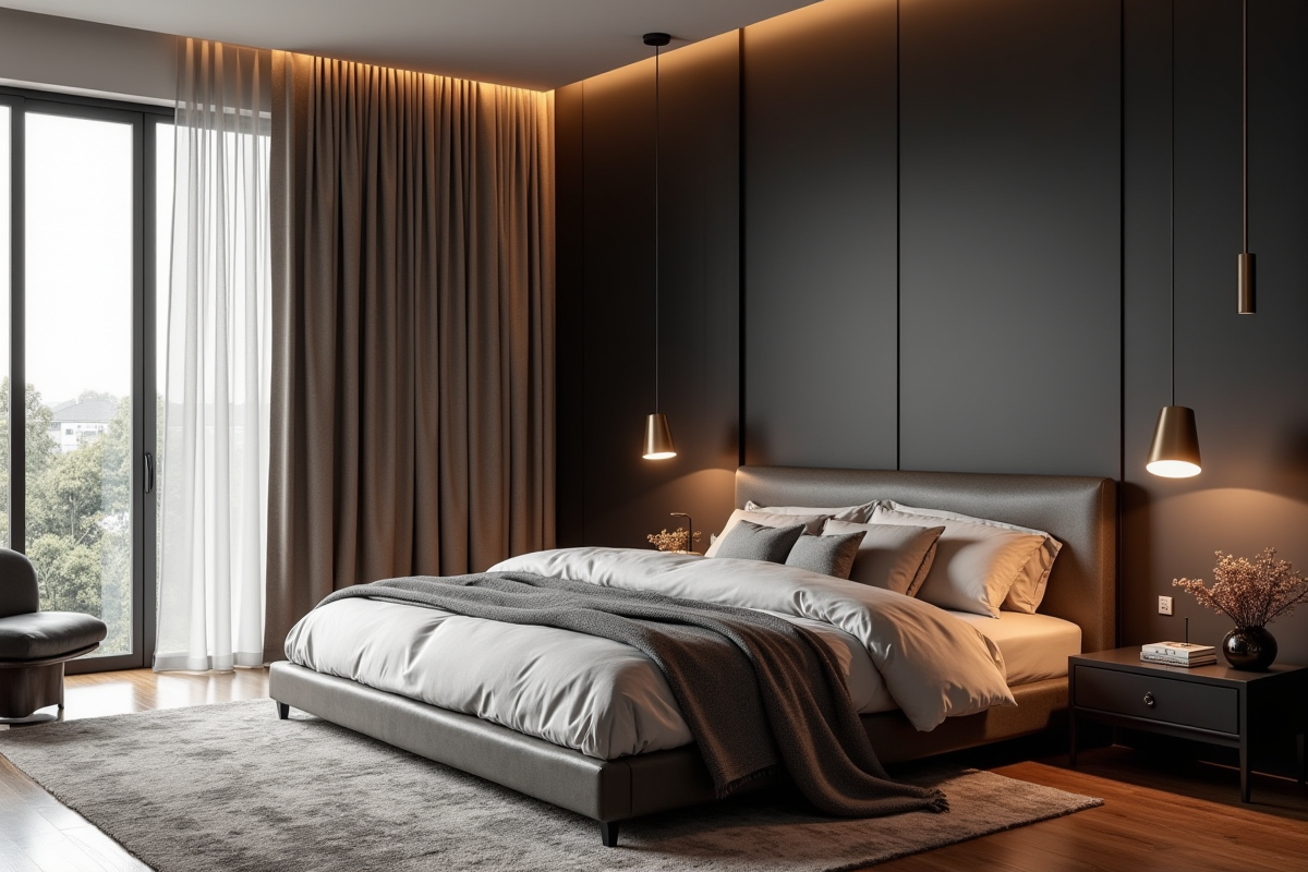 Chambre contemporaine avec mur accent foncé et rideaux élégants