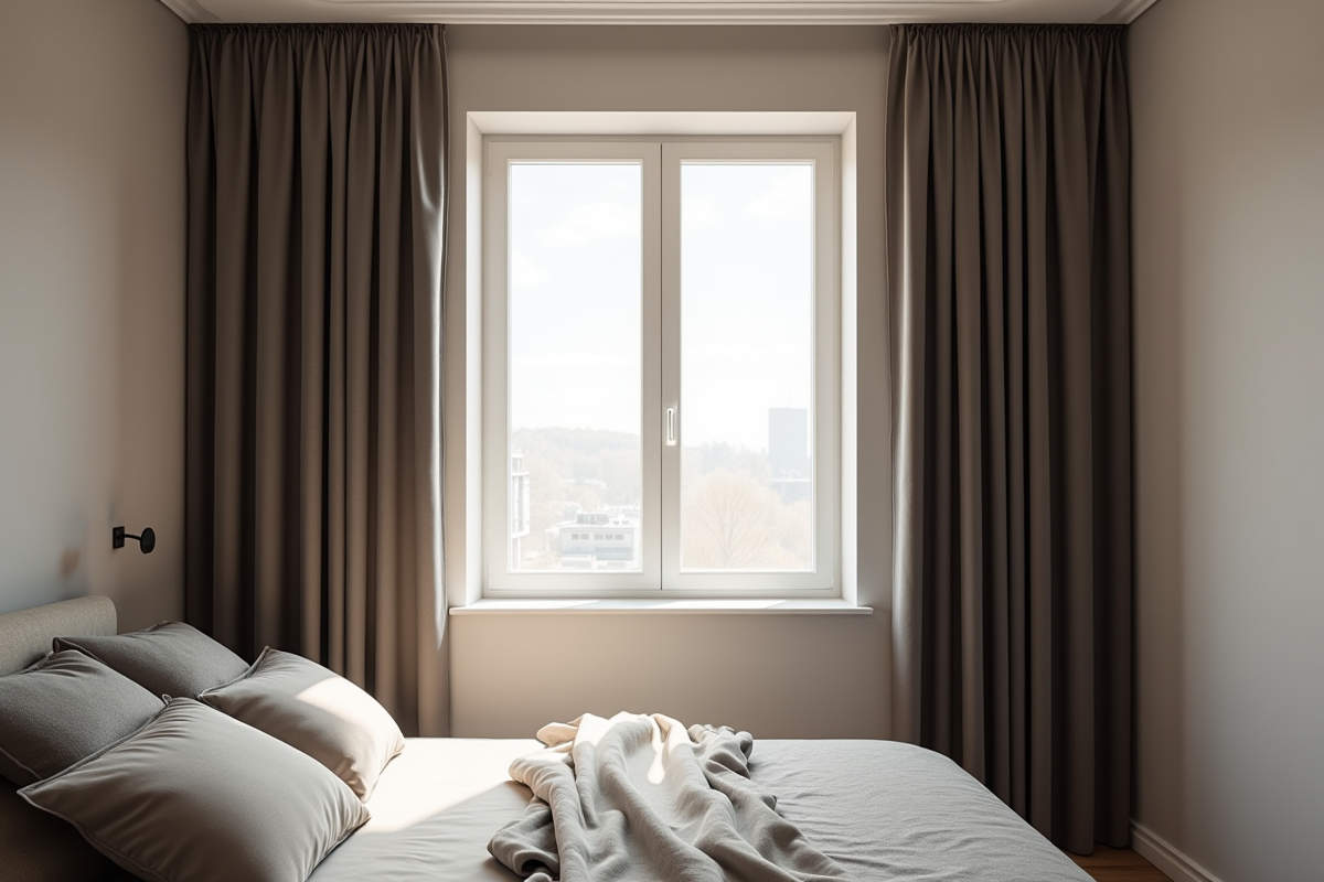 Chambre minimaliste avec fenêtre et rideaux en velours foncé