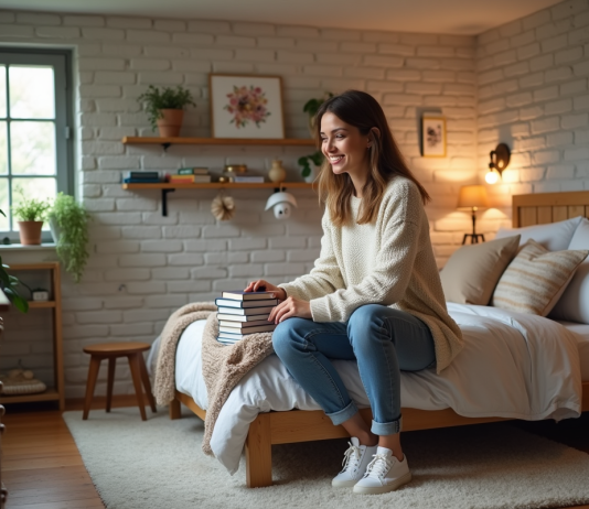 Aménager une chambre dans son sous-sol : conseils et astuces Femme souriante arrangeant des livres dans une chambre rénovée