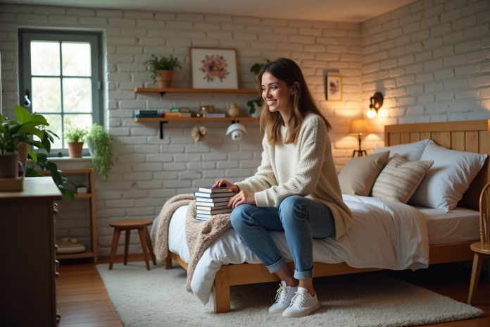chambre-renovee-salle-livres Femme souriante arrangeant des livres dans une chambre rénovée