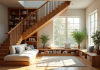 Coin lecture cosy sous une staircase en bois moderne