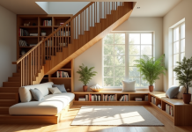 Coin lecture cosy sous une staircase en bois moderne