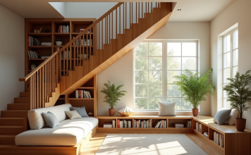 Les multiples façons d’aménager un espace sous l’escalier Coin lecture cosy sous une staircase en bois moderne
