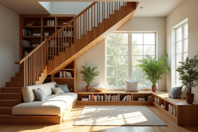 Coin lecture cosy sous une staircase en bois moderne