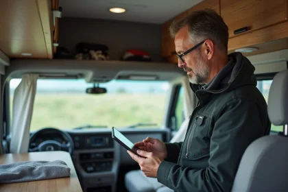 Homme d'âge moyen examinant un panneau de contrôle RV