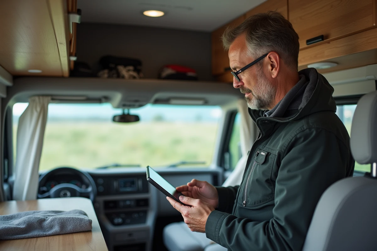 Homme d'âge moyen examinant un panneau de contrôle RV