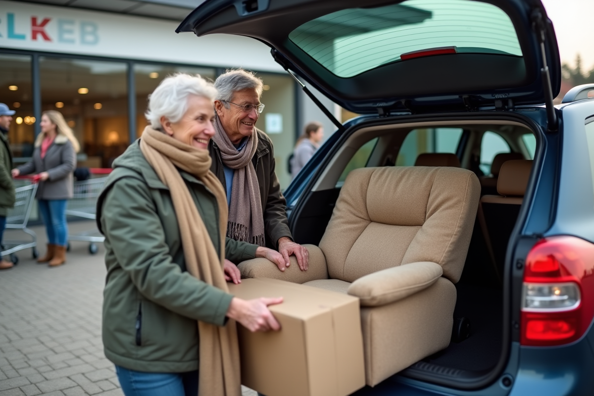 Couple retraité chargeant un fauteuil dans une voiture au parking