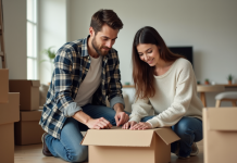 Jeune couple préparant un déménagement dans un intérieur cosy