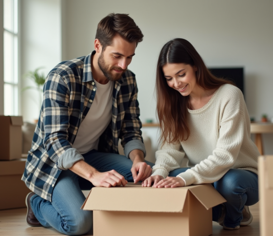 Conseils pour une organisation efficace le jour du déménagement : comment faire ? Jeune couple préparant un déménagement dans un intérieur cosy