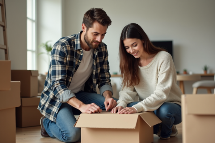 Jeune couple préparant un déménagement dans un intérieur cosy