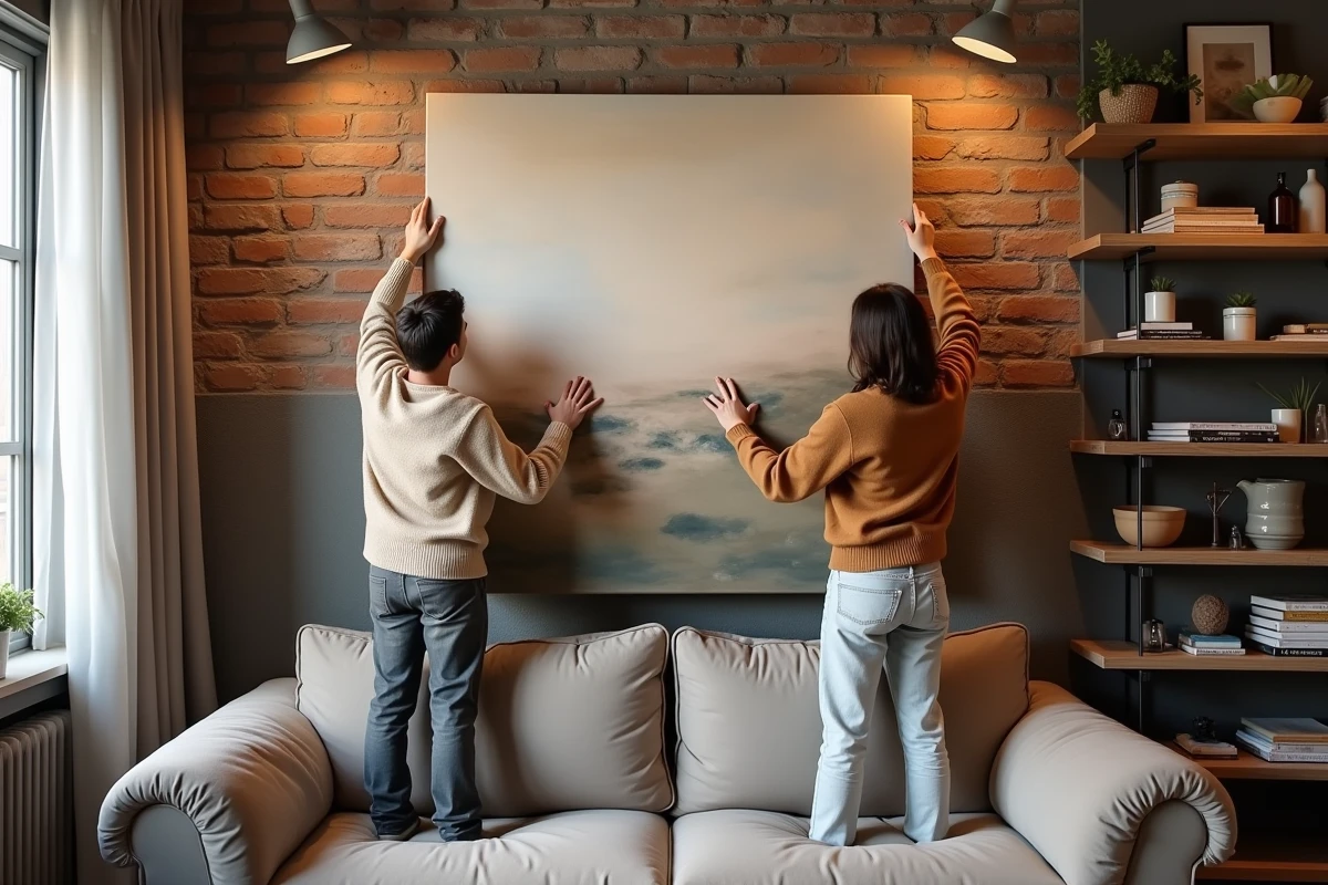 Jeune couple accrochant une toile abstraite dans un appartement