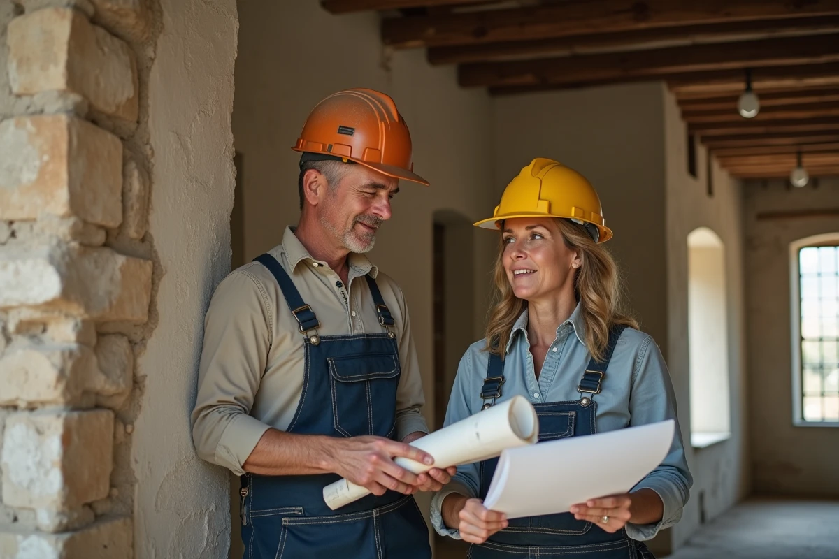 Couple d'âge moyen examinant des murs anciens dans une maison rénovée