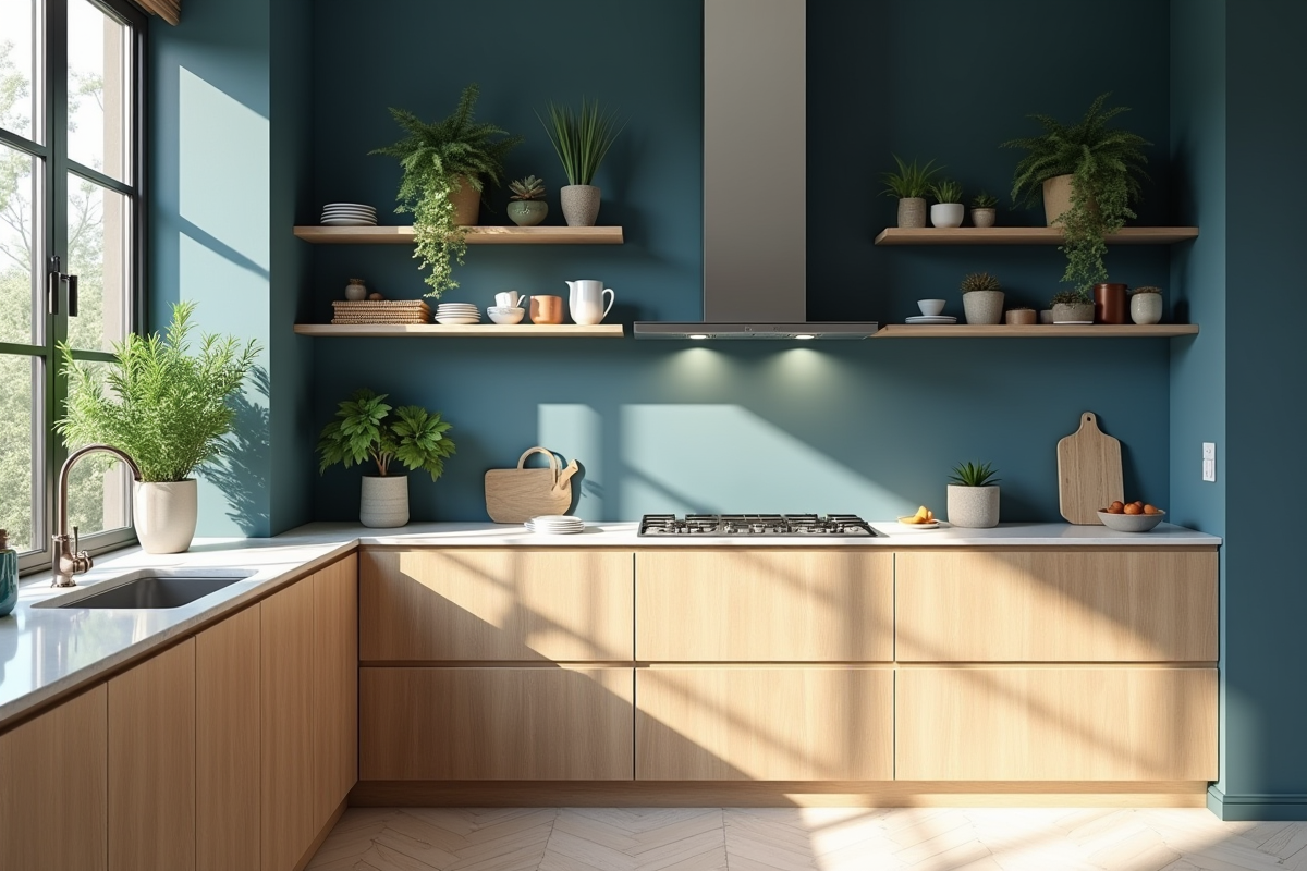 Cuisine scandinave avec meubles en frene clair et murs bleus