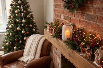Décoration de Noël avec guirlandes LED dorées sur une cheminée en bois dans un salon cosy