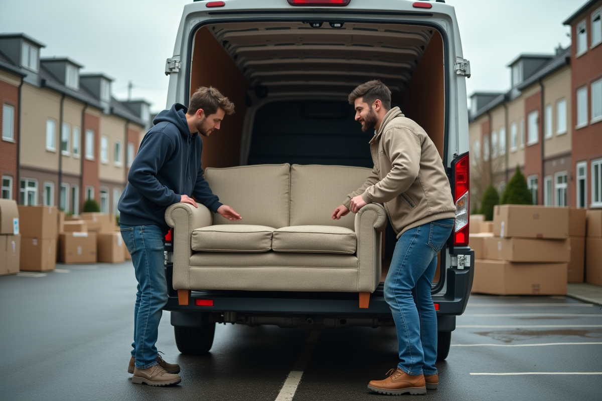 Deux jeunes chargent un canapé dans une camionnette résidentielle