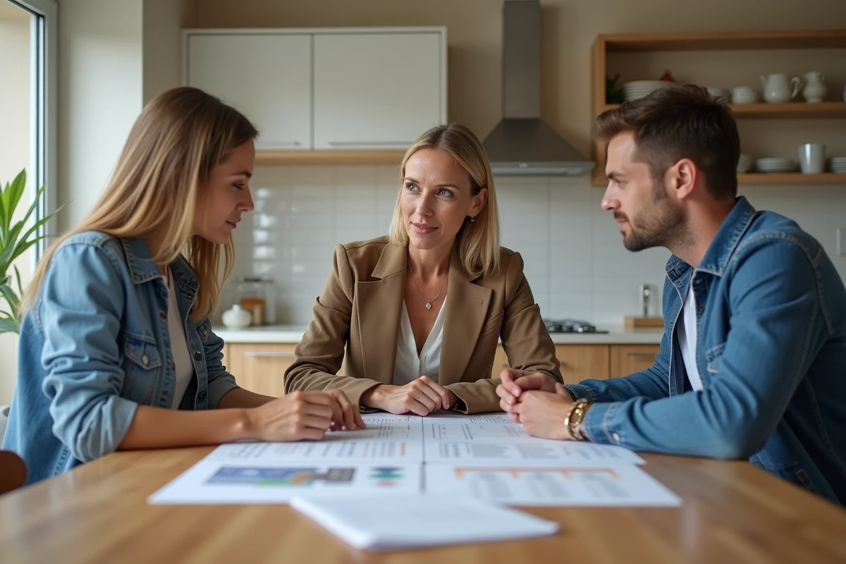 Conseillère immobilière discutant avec un couple dans une cuisine