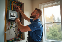 Électricien inspectant câbles électriques dans une maison moderne