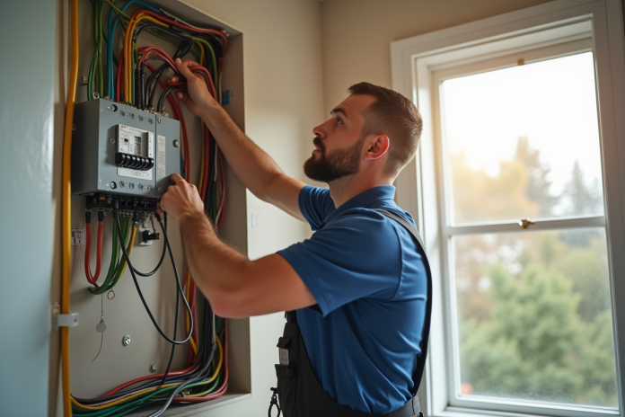Électricien inspectant câbles électriques dans une maison moderne