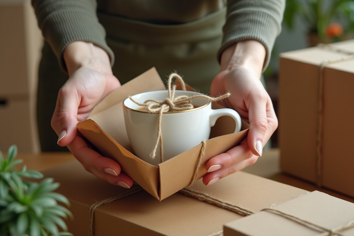 Main emballant une tasse en céramique avec papier recyclé