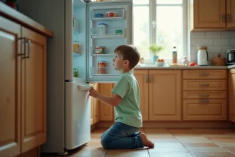Garçon curieux devant un réfrigérateur ouvert dans la cuisine