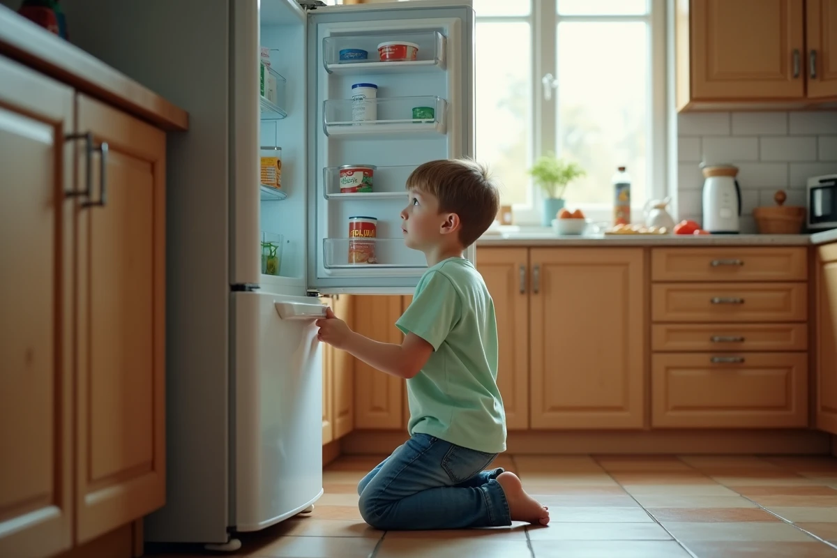 Garçon curieux devant un réfrigérateur ouvert dans la cuisine