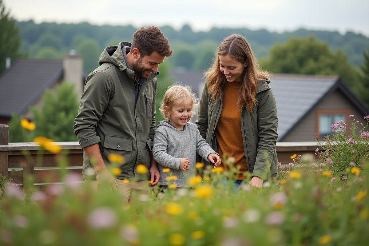 Famille avec enfant sur un toit vert résidentiel