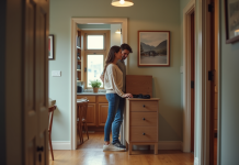 Femme accueillante avec un collectionneur de meubles dans un intérieur chaleureux