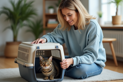 Femme rassurante plaçant un chat dans une cage de transport