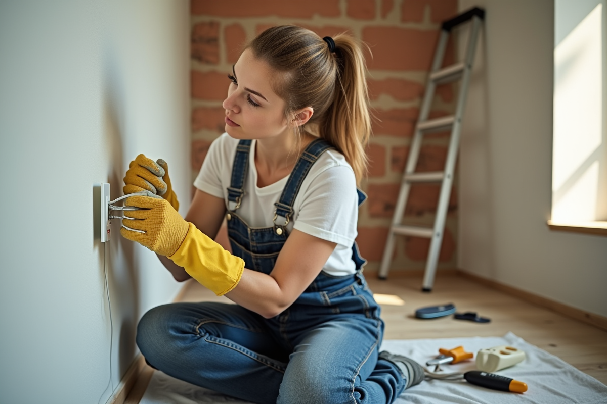Jeune femme en overalls branche une prise électrique dans un salon rénové