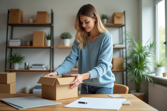 Femme examine différents types de cartons dans un bureau lumineux