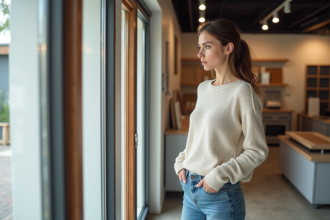 Femme examinant trois types de fenêtres dans un showroom