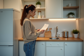 Femme dans la cuisine moderne vérifiant des reçus