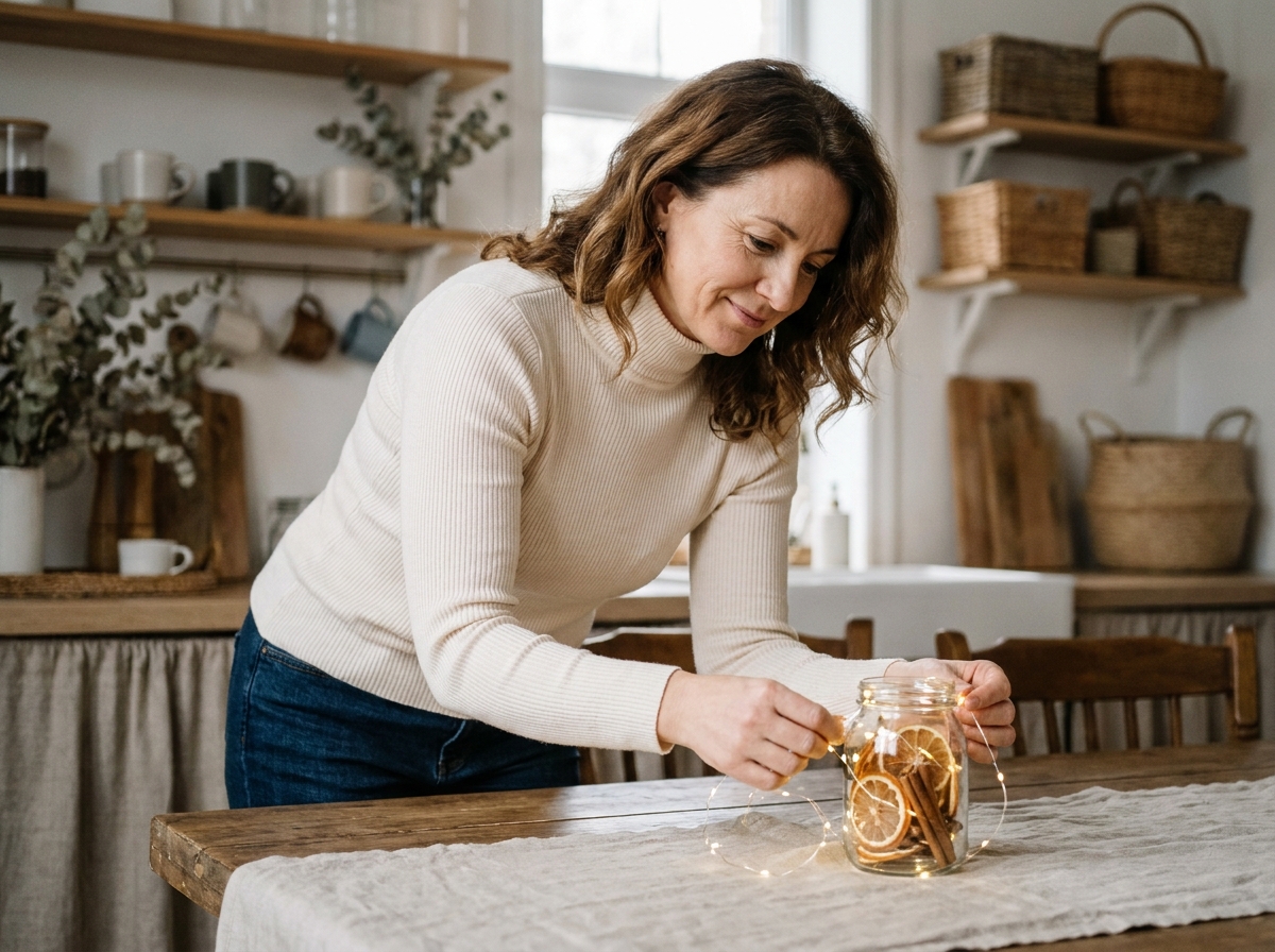 Femme arrangeant des guirlandes LED micro autour d'une décoration de Noël naturelle sur une table en bois