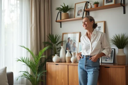 Femme arrangeant des vases en céramique dans un salon lumineux