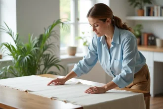 Femme ajustant une nappe en tissu léger sur une table