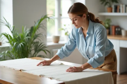 Femme ajustant une nappe en tissu léger sur une table