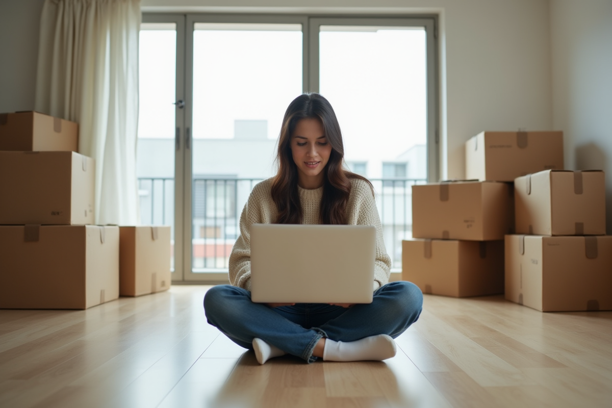 Jeune femme comparant prix de déménagement sur son ordinateur