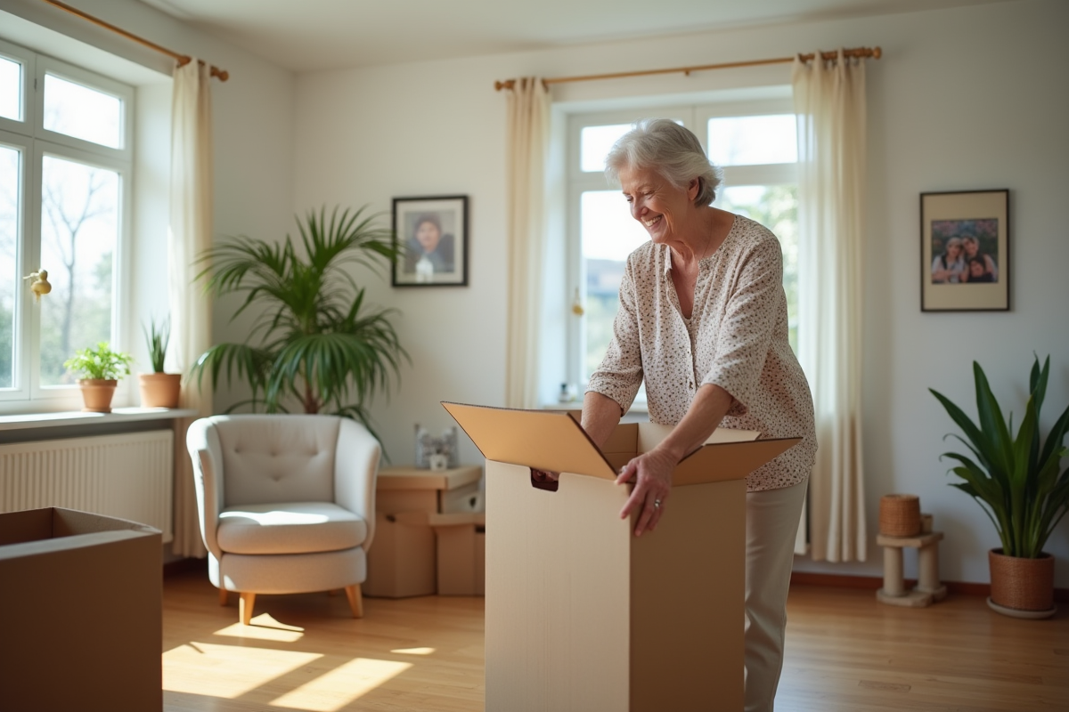 Femme âgée scellant une boîte dans son salon lumineux