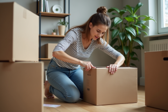 Jeune femme emballant une boxe dans un appartement