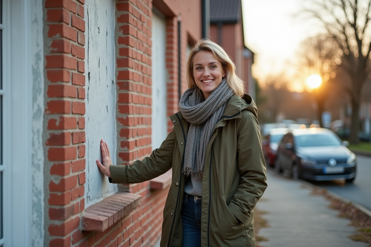 Femme souriante devant sa maison avec isolation neuve