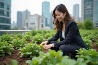 Femme inspectant des plantes dans un toit vert urbain
