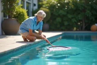 Femme en casual nettoyant la piscine dans le jardin