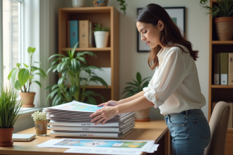 Femme triant des posters dans un bureau lumineux