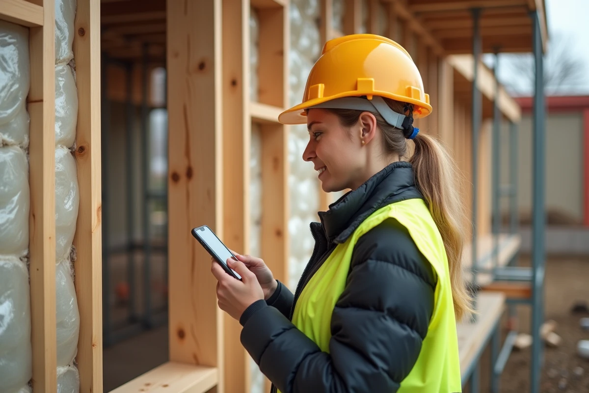 Femme avec casque et smartphone sur site de construction